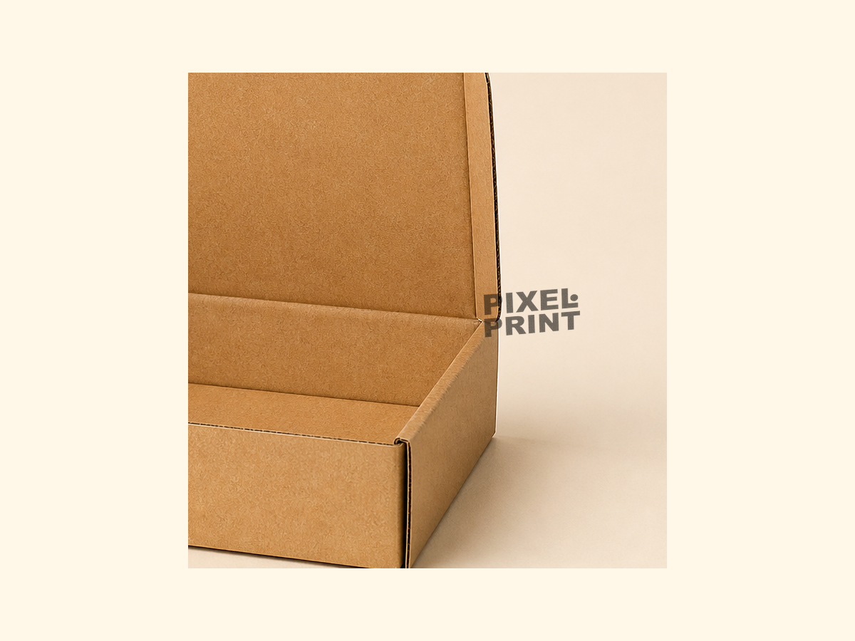 1-color black print detail view of mailer kraft box