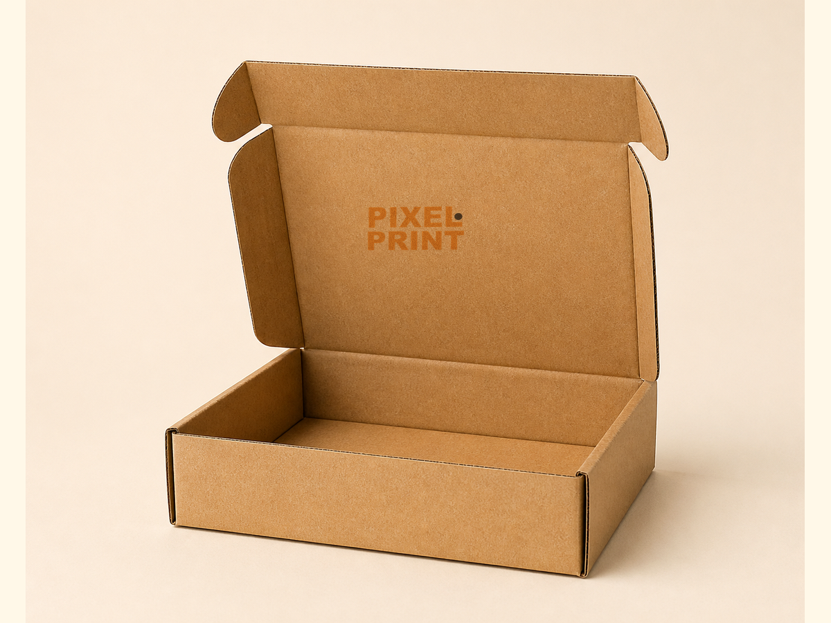 2-color orange and black print open mailer kraft box